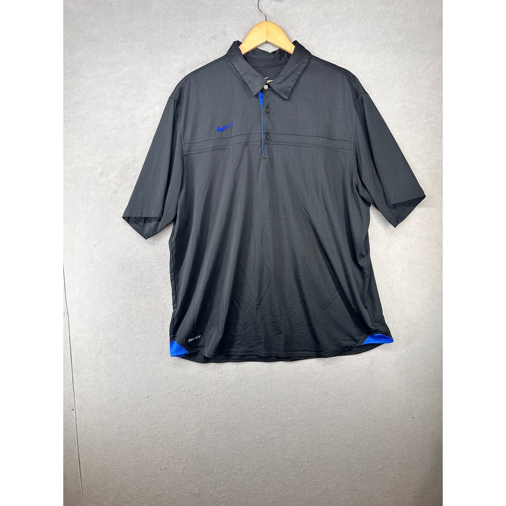 Nike Dri-FIT Mens XXL Black Grid Polo Shirt Blue Accents Short Sleeve Golf Tee